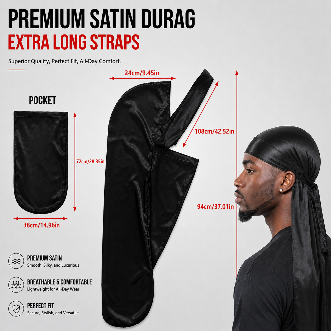 Double Du Satin Durag for Men | Premium Silky Wave Cap Headwrap for Locs, Braids, Waves & Overnight Hair Protection
