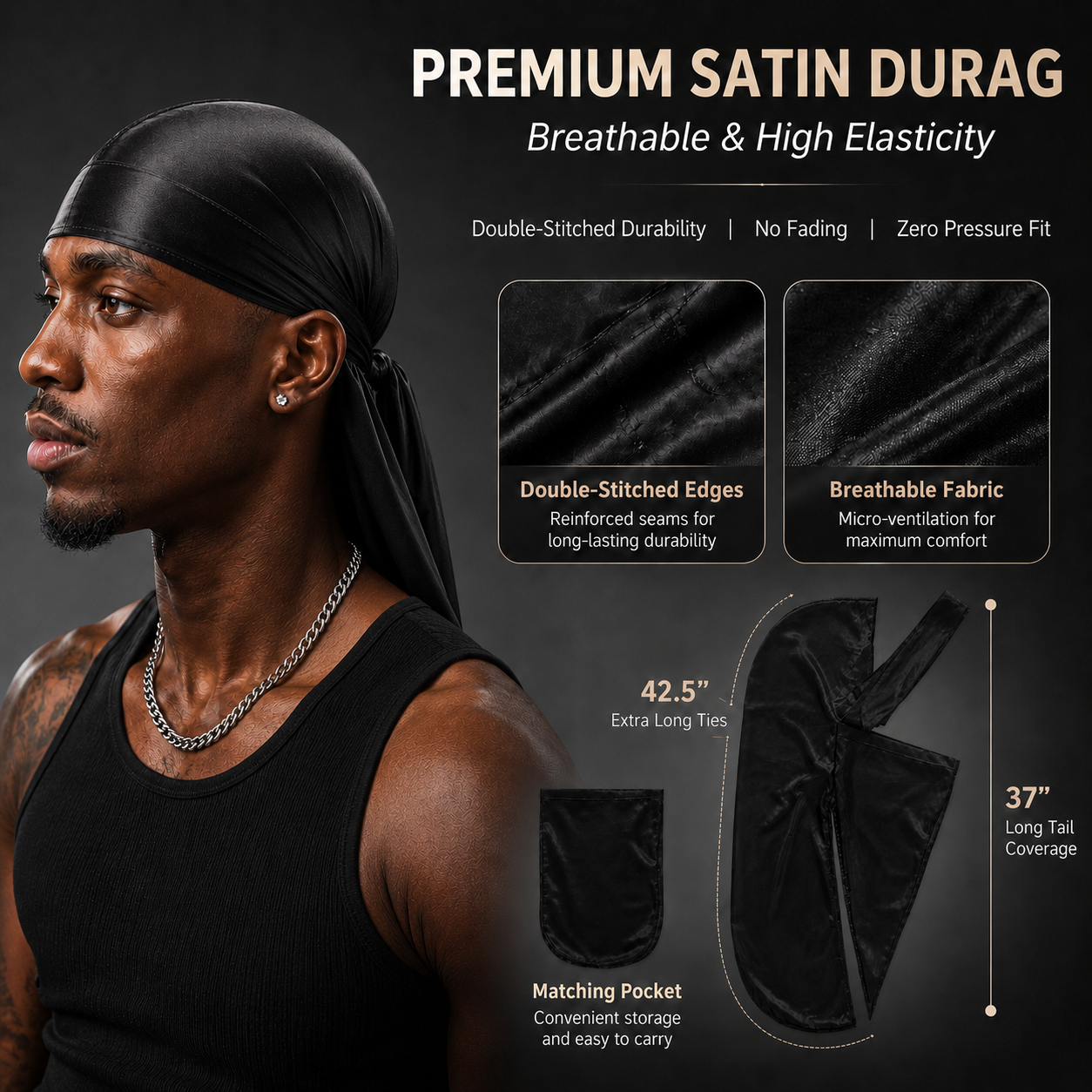 Double Du Satin Durag for Men | Premium Silky Wave Cap Headwrap for Locs, Braids, Waves & Overnight Hair Protection