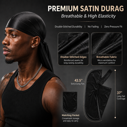 Double Du Satin Durag for Men | Premium Silky Wave Cap Headwrap for Locs, Braids, Waves & Overnight Hair Protection